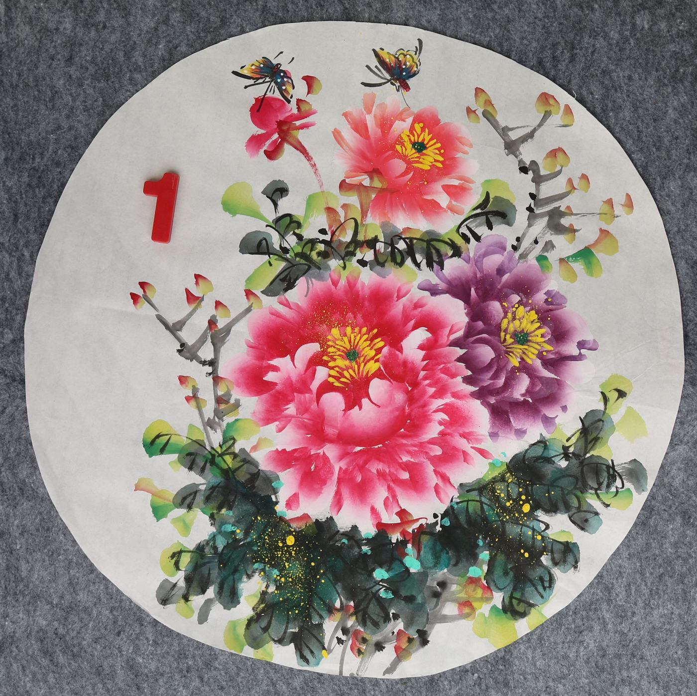 直径49厘米手绘花鸟圆形牡丹图字画国画客厅装饰挂画特价HA582301图片