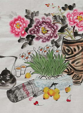 手绘花鸟国画清供图博古图客厅装饰挂画四尺斗方画芯特价HB58305