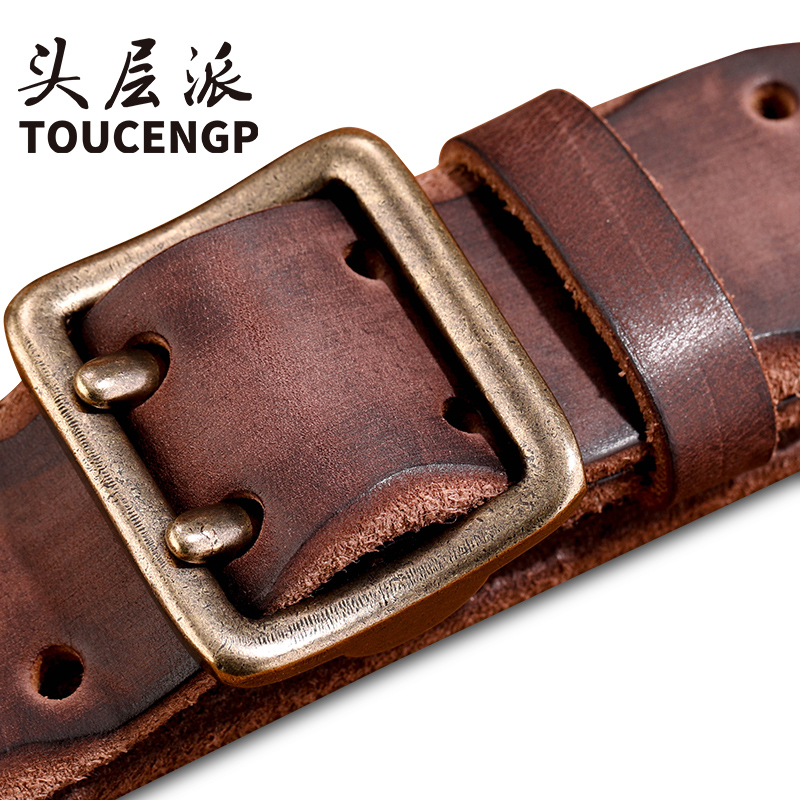 复古做旧柔软皮带男真皮针扣头层纯牛皮铜扣扣头双针腰带个性加厚