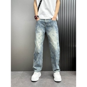 宽松直筒痞帅提花潮牌裤 美式 子 春秋季 新款 复古水洗做旧牛仔裤 男士