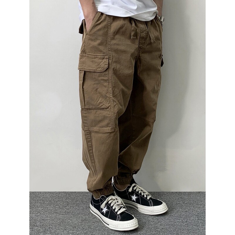 重磅日系复古男士束脚裤春秋季美式直筒宽松多口袋工装裤休闲裤子