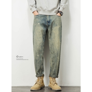 直筒宽松潮牌休闲痞帅小脚长裤 男春秋季 子 复古锥形水洗牛仔裤 美式