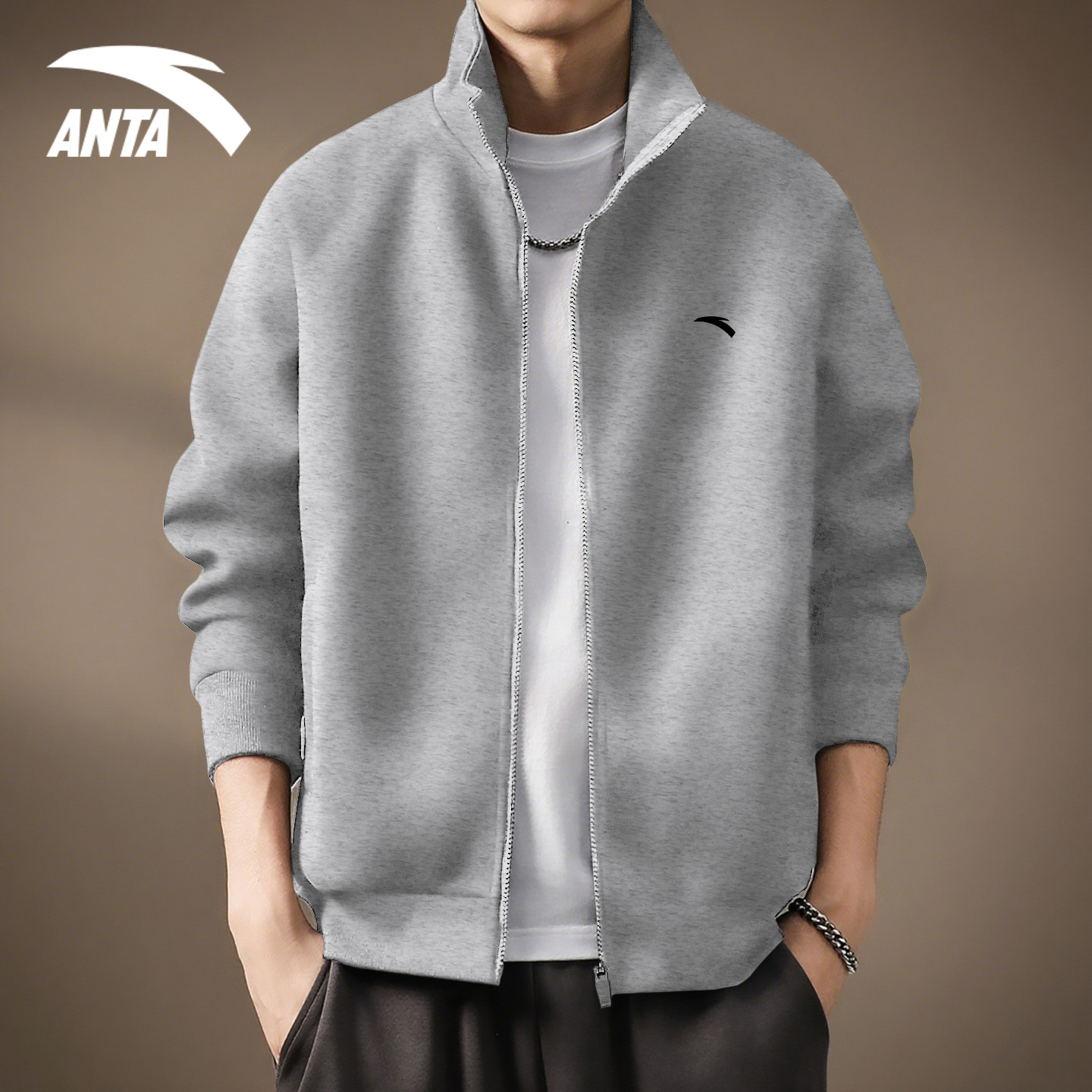 安踏灰色外套男冬季新款男装针织上衣立领夹克开衫卫衣休闲运动服