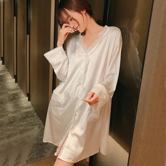 春秋薄款睡衣女V领蕾丝时尚白衬衫中长款款可外穿甜美冰丝睡裙夏