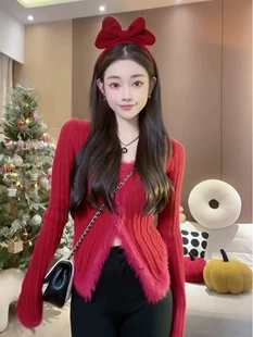 红色毛衣针织开衫 2023年早春季 设计感甜辣妹独特别致上衣女装 新款