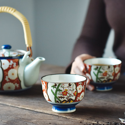 日本进口陶瓷茶具贴花工艺锦竹梅提梁茶壶茶杯礼品盒套装