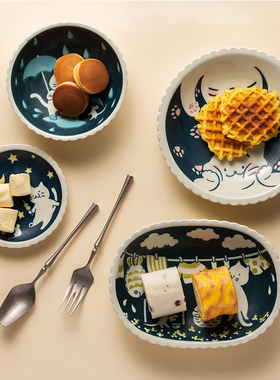 美浓烧Aito可爱猫咪陶瓷餐具大菜盘日式家用套装饭碗碟子