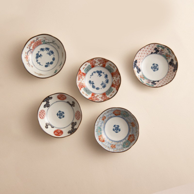 日本进口美浓烧陶瓷餐具古伊万里风染锦饭碗大平盘蘸料碟煮物钵碗