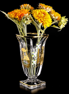 新品捷克原装进口BOHEMIA金色珐琅花水晶玻璃花瓶插花客厅摆件