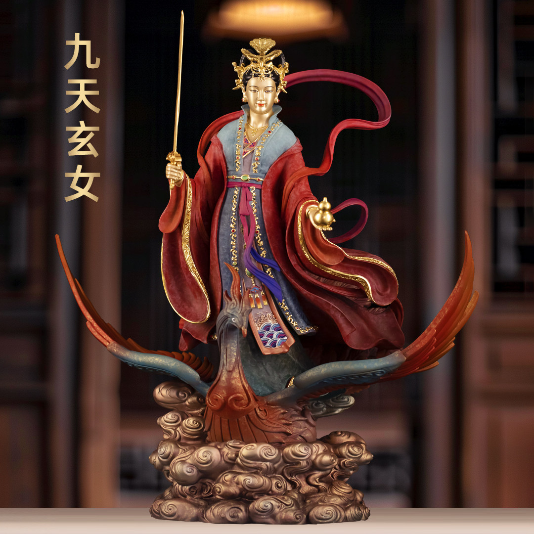 彩铜九天玄女神像摆件九天玄阳元女踏凤圣母娘娘站像家用佛堂供奉