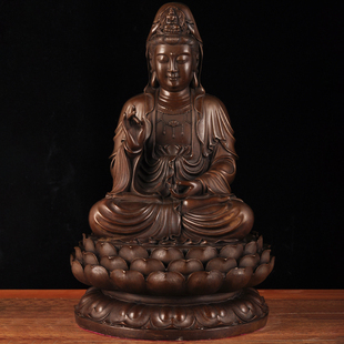 紫铜色观音摆件南海观世音菩萨坐莲花像居家客厅佛堂寺庙供奉佛像