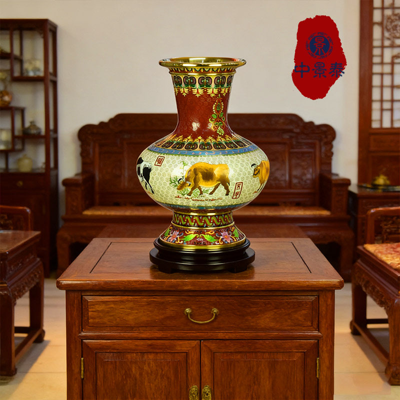 北京珐琅景泰蓝花瓶纯手工紫铜胎掐丝工艺15寸五牛图出国办公礼品