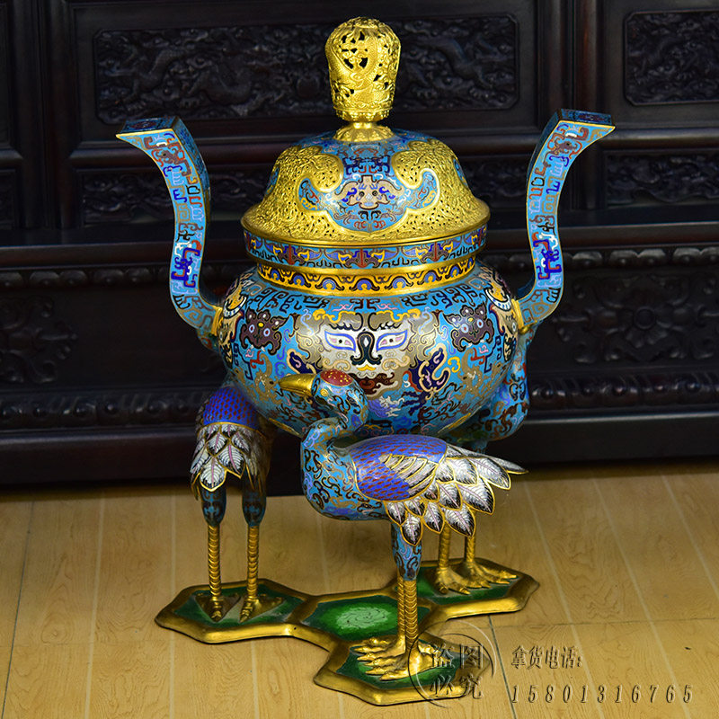 北京珐琅紫铜手工胎景泰蓝大香炉30寸三鹤足熏香炉酒店落地铜摆件,特色手工艺,景泰蓝,淘宝优惠券,粉丝福利购,淘宝优惠卷