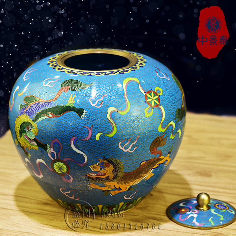 创汇老货景泰蓝狮子罐纯手工紫铜胎掐丝珐琅摆件新中式家装收藏品