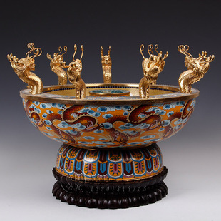 北京景泰蓝张向东带证书九龙喷水浴佛盆铜胎掐丝珐琅供佛摆件礼品