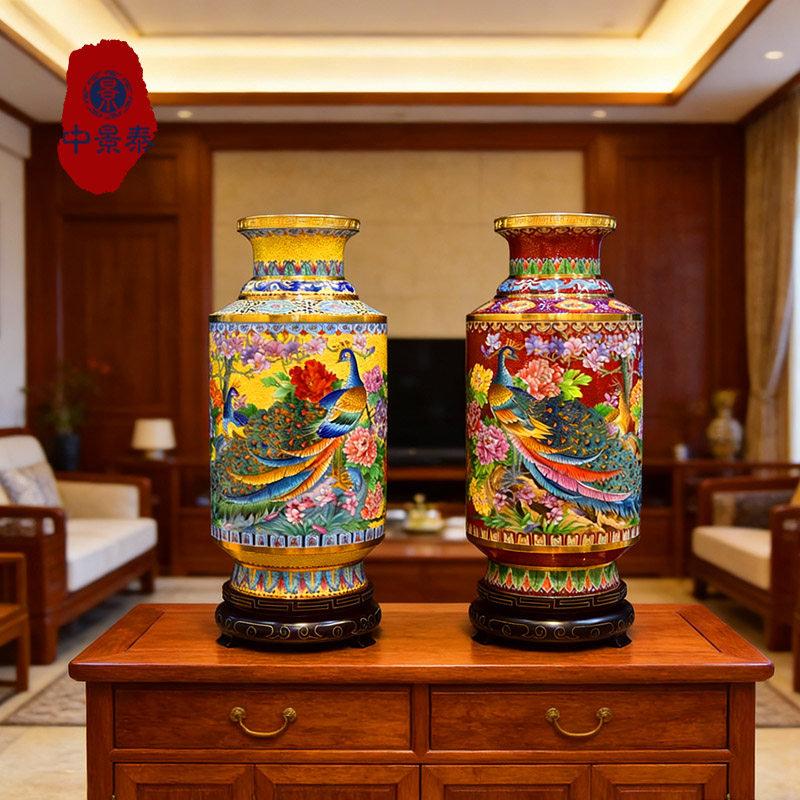 北京珐琅景泰蓝20寸孔雀牡丹花瓶纯手工铜胎掐丝工艺净高50cm摆件