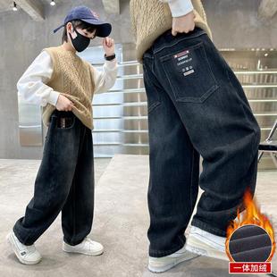 男孩长裤 潮帅气时髦炸街儿童宽松厚牛仔裤 子一体绒冬款 男童加绒裤