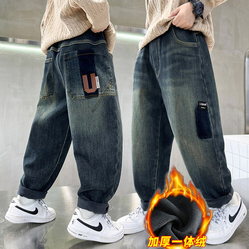 男童加绒裤牛仔裤一体绒冬款