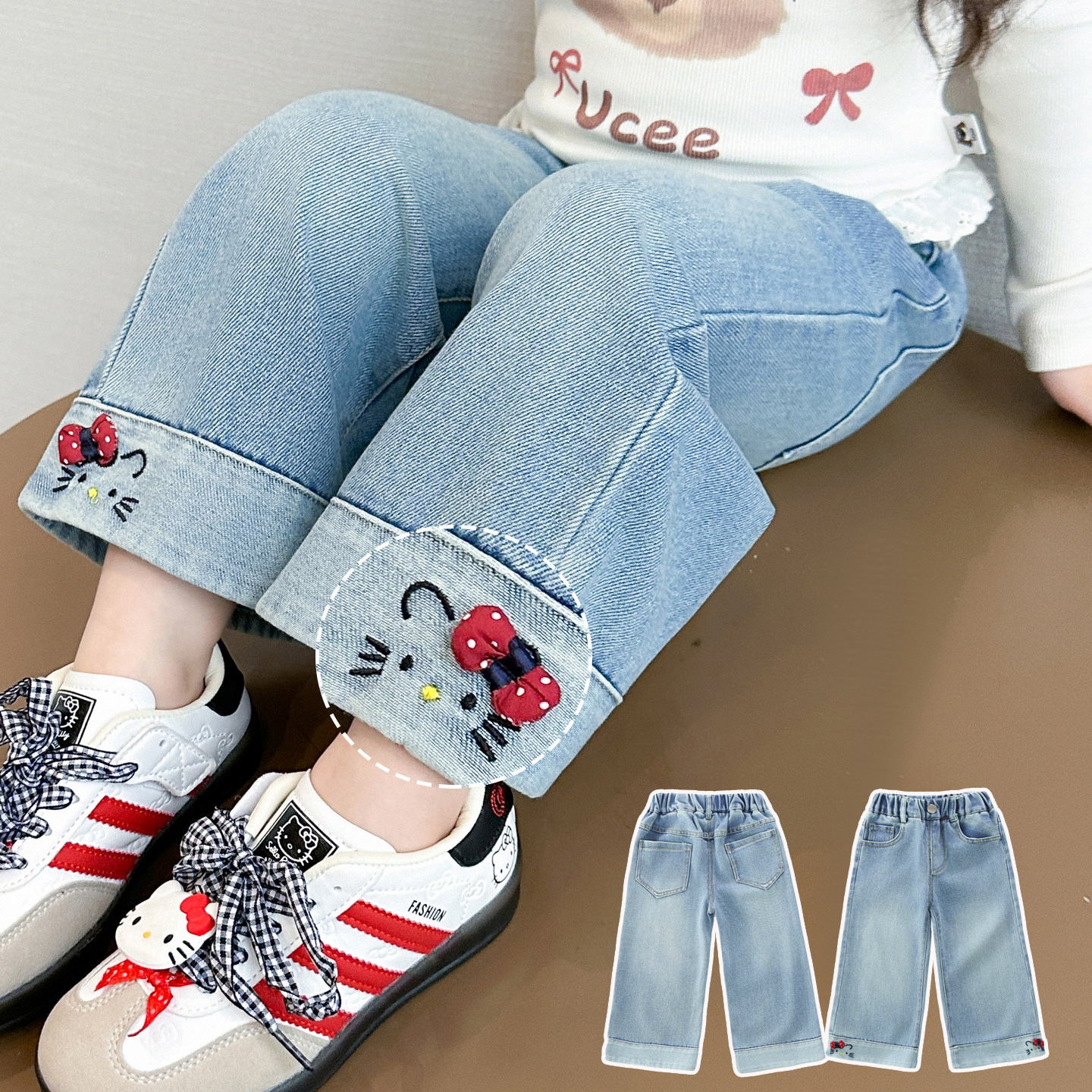 2026女童卡通刺绣阔腿牛仔裤春秋洋气花边裤猫咪浅色宽松洋气女宝,童装/婴儿装/亲子装,儿童牛仔裤,淘宝优惠券,粉丝福利购,淘宝优惠卷