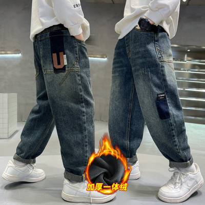 男童裤子牛仔加绒洋气复古