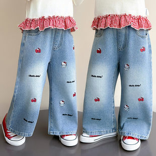 女玉宝时尚 子新款 宽松百搭洋气儿童裤 女童卡通春秋刺绣牛仔直筒裤