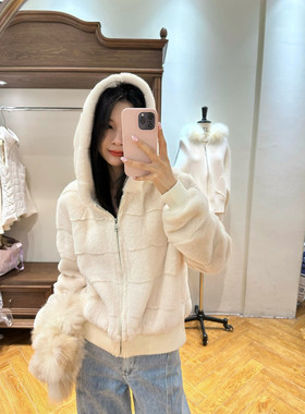 杏色仿貂羊羔毛毛绒皮草卫衣女秋冬新款皮毛一体高级短款连帽外套