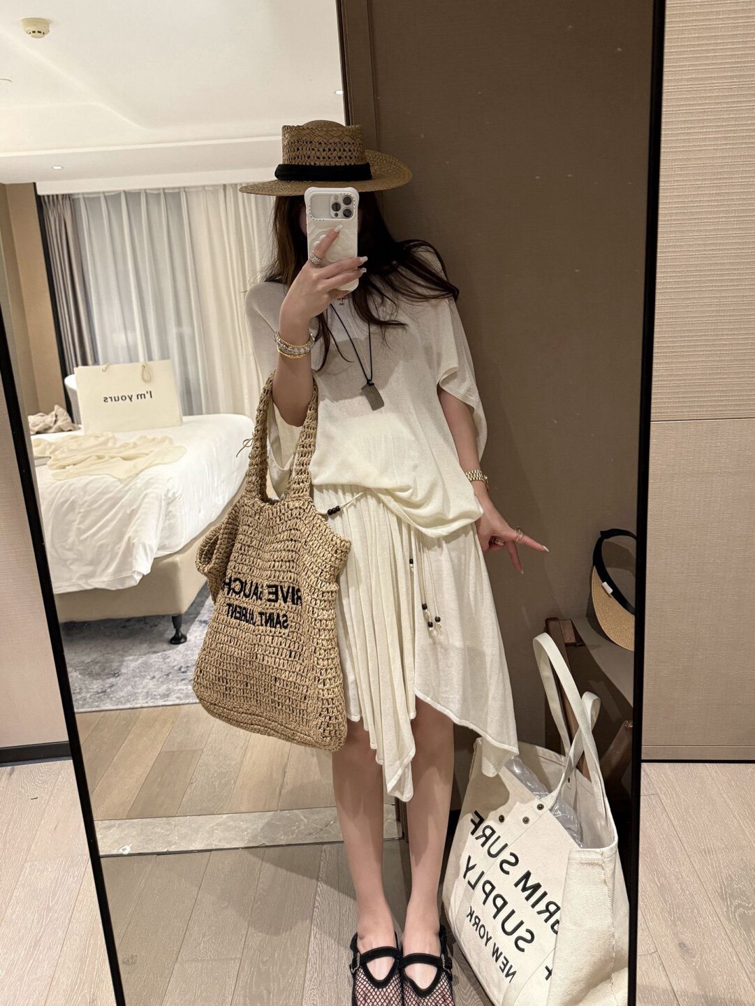 天丝亚麻针织T恤短裙女套装夏装蝙蝠袖圆领上衣不规则半裙两件套