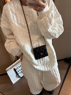 坑条绗棉卫衣女冬季加厚保暖宽松上衣休闲裤懒人时尚套装