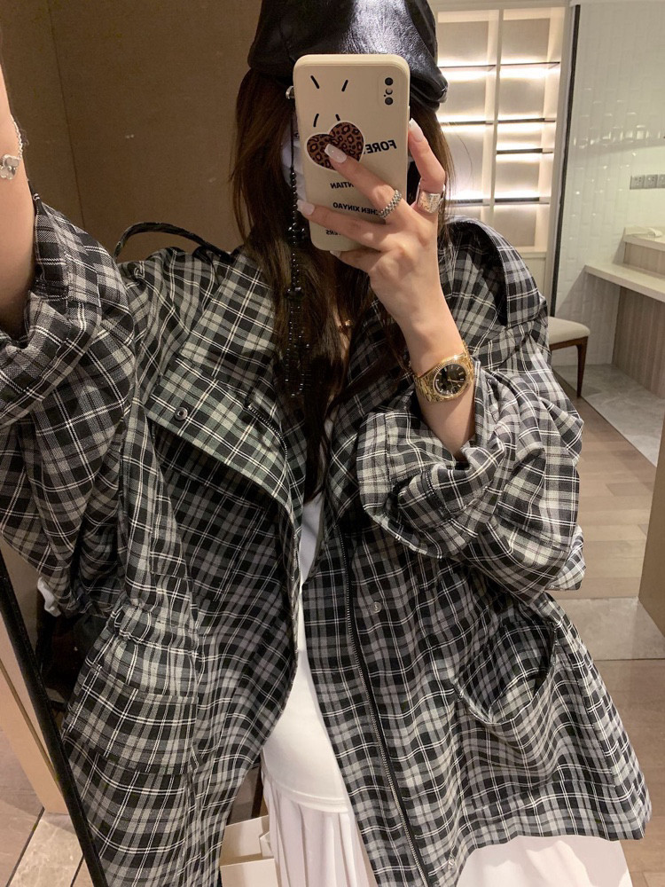 韩系复古时尚减龄格纹宽松休闲中长款衬衫女2025春秋季高腰减龄