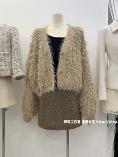 2026秋季新款女装V领短款毛圈圈毛衣外套女宽松休闲百搭上衣开衫