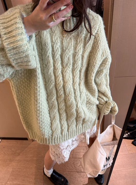 2026早秋上新韩系羊驼毛宽松圆领立体麻花肌理感大毛衣女装