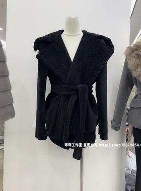 【冬日气场王】羊毛大衣廓形鹿皮绒拼接毛呢外套女大翻领黑色上衣