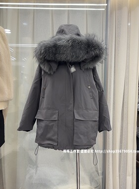 2025女装新款深灰色工装羽绒服外套加厚加绒白鸭绒真毛领派克服