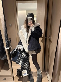 外套夹克派克棉服女 宽松休闲仿狐狸毛毛领连帽女短款 女装 秋冬韩版
