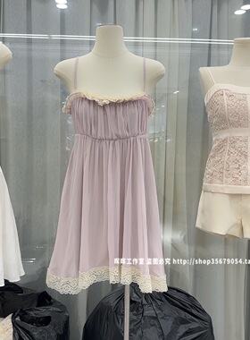 2026新款法式气质名媛浅紫色女装蕾丝拼接吊带连衣裙收腰显瘦裙子
