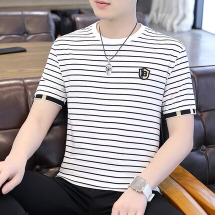 高端条纹短袖t恤男夏季薄款韩版修身男士冰丝圆领透气半袖上衣潮