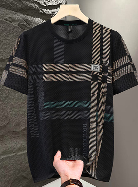 冰丝短袖T恤男士2025夏季新款加大码圆领半袖体恤潮流薄款上衣服