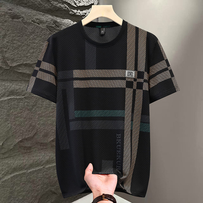 冰丝短袖T恤男士2025夏季新款加大码圆领半袖体恤潮流薄款上衣服