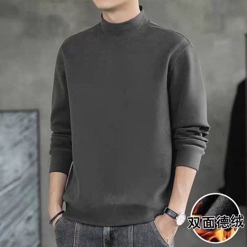 秋冬季双面绒磨毛纯色打底衫男士半高领德绒长袖T恤保暖内搭秋衣