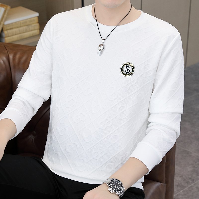 高档提花圆领卫衣男士秋冬款潮牌长袖T恤青年个性时尚打底衫上衣