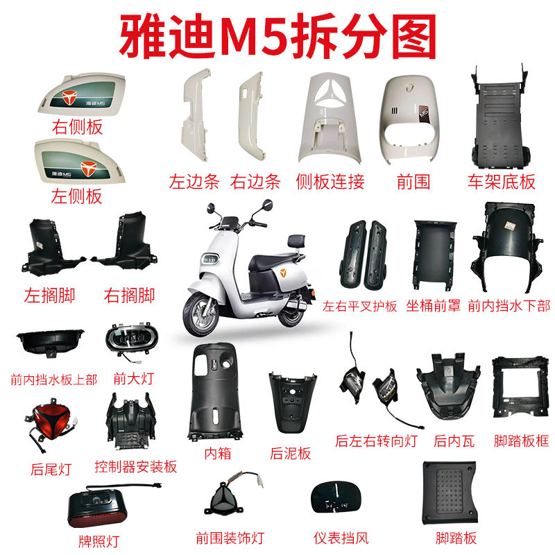 雅迪电动车M5原厂配件彩壳内箱pp件侧护板M6冠能前围全车塑件