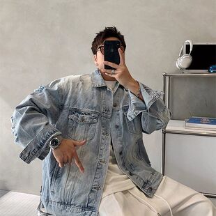 工装翻领做旧春秋痞帅美式炸街牛仔衣破洞复古外套男款夹克衫潮牌