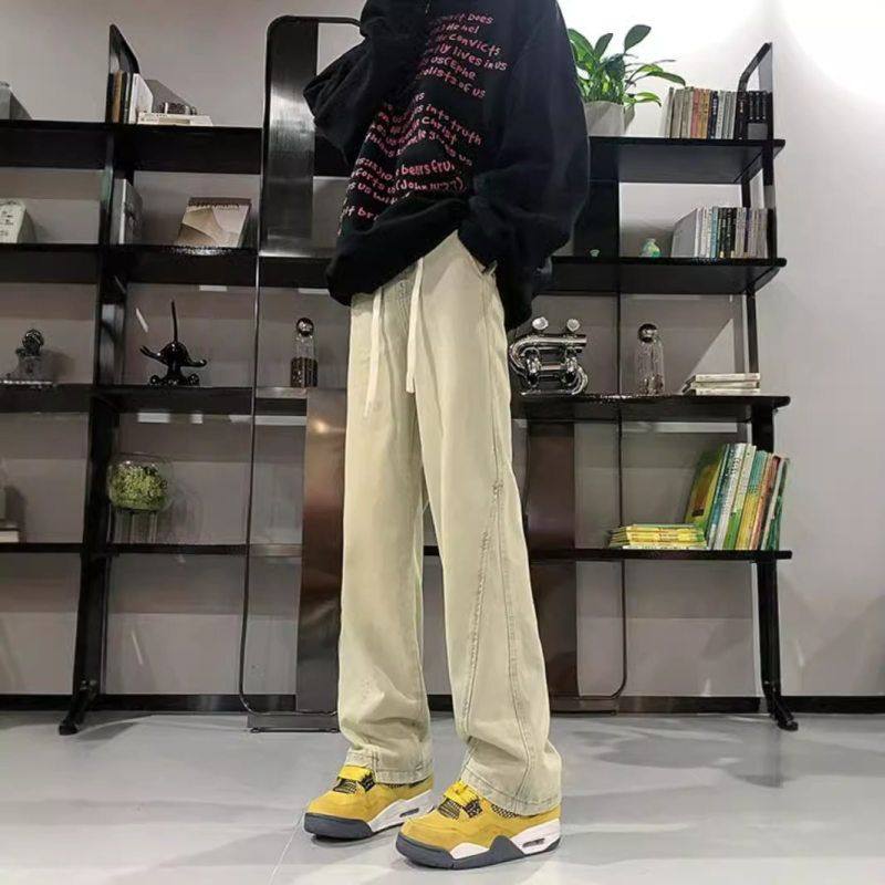 版腰窄微喇裤松紧裤子搭加长版工装ootd早春色黄泥男穿牛仔裤美式