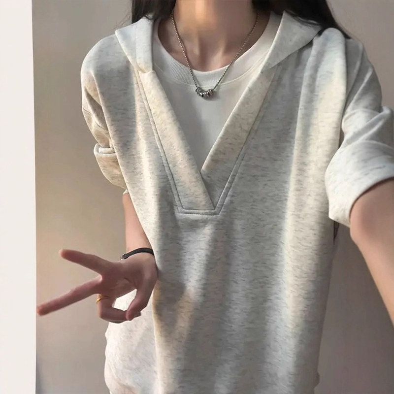 领外套设计感白花学院风灰假两件长袖V男冬季t恤卫衣女款连帽情侣