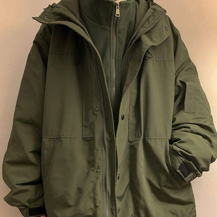 军绿色服春秋内胆可拆卸冲锋衣工装夹克外套三合一棒球摇粒绒男