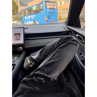 美式c裤子春季男anfit高街直筒裤微喇设计感破洞牛仔裤vibele黑色