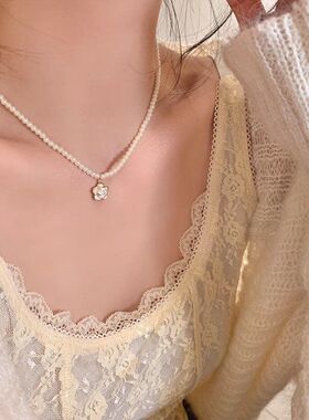 气质链温柔女毛衣链锁骨精致珍珠项链choker山茶花高级感轻奢小众