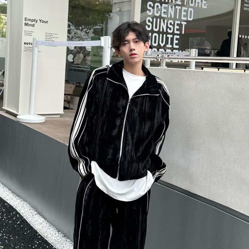 痞帅秋季高级感开衫情侣23男条纹外套拼色两件套卫衣休闲运动套装