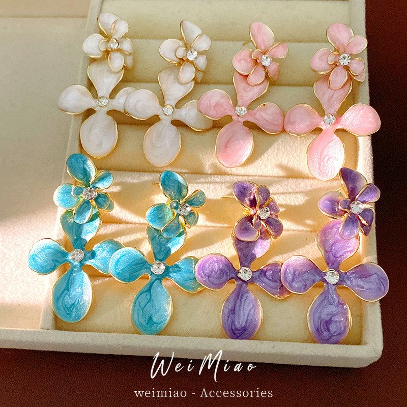 批发花朵多巴胺甜美水钻耳钉时尚