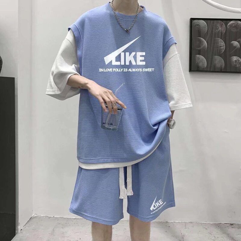 t恤运动套装男短裤假两件休闲篮球服潮牌两件套美式夏季短袖外穿